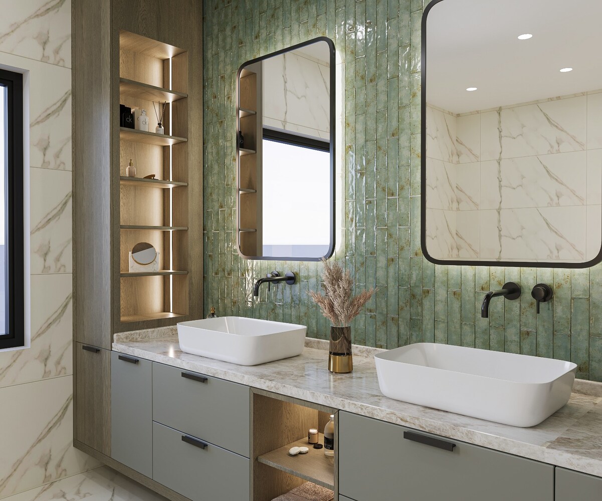 Contemporary double vanity with green tiled backsplash in a DesignLab custom home in Arlington, VA