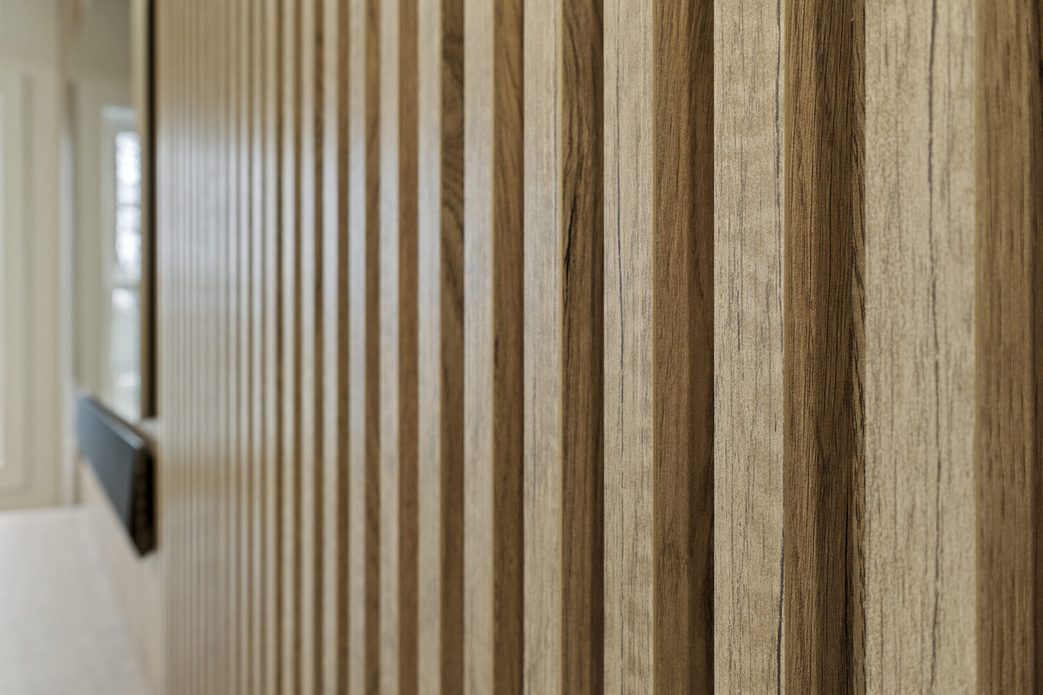 Detail view of vertical wood paneling by DesignLab in a Georgetown, DC luxury residence