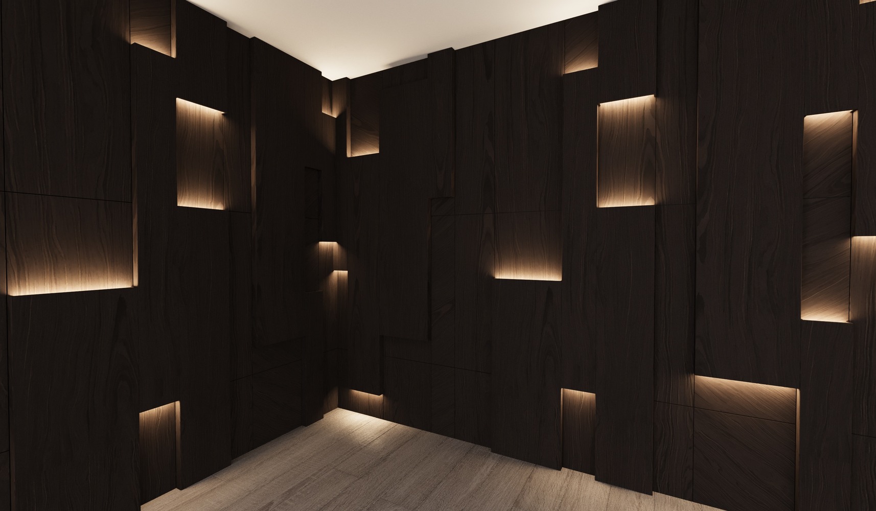 Modern dark wood accent wall with built-in lighting in a Metro Washington custom basement by DesignLab