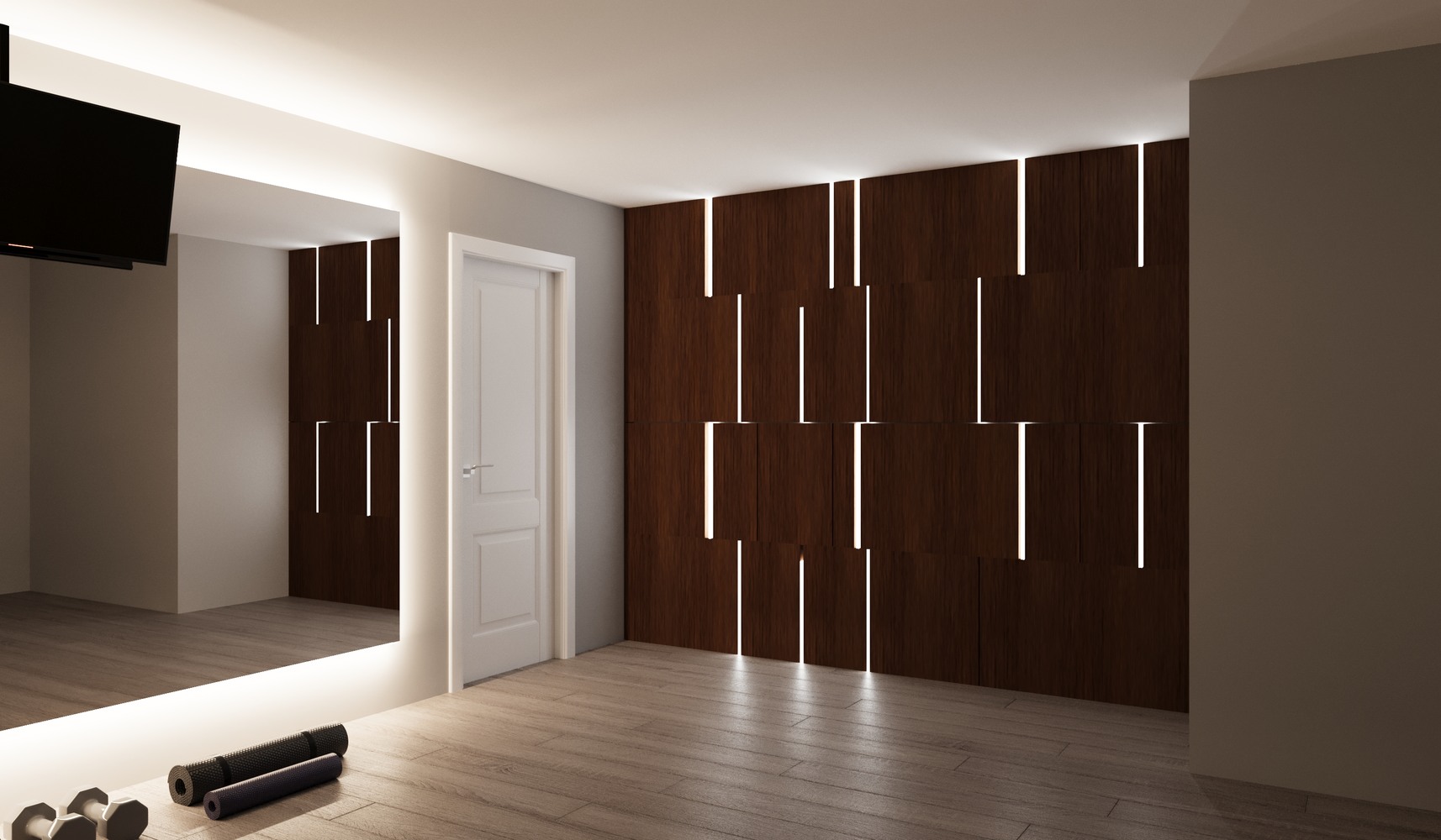 Modern workout room featuring wood paneling and LED strips in a custom DesignLab home in Metro Washington